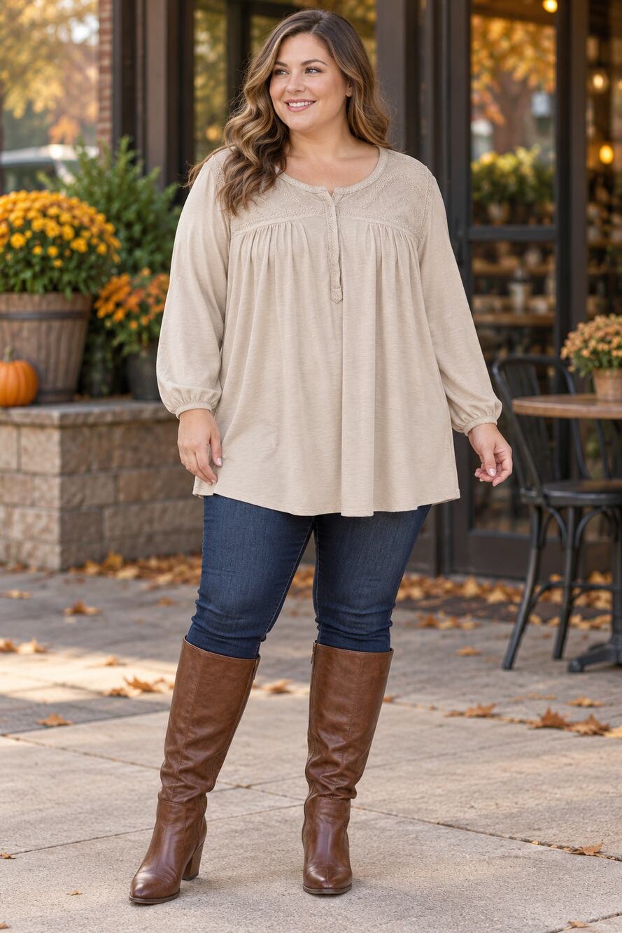 Tan Embroidered Peasant Tunic 3X Plus Size Boho Relaxed Long Sleeve Top